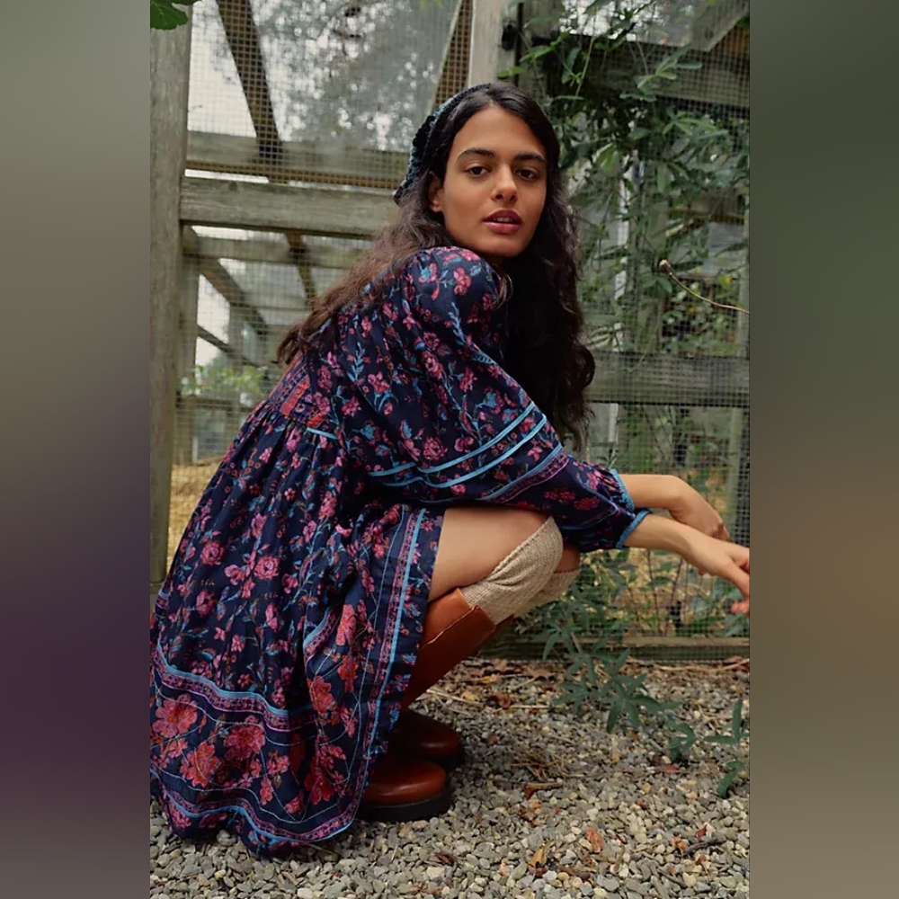 Free People Navy Blue Floral Mini Dress with Pink and Teal Accents - Picture 4 of 4